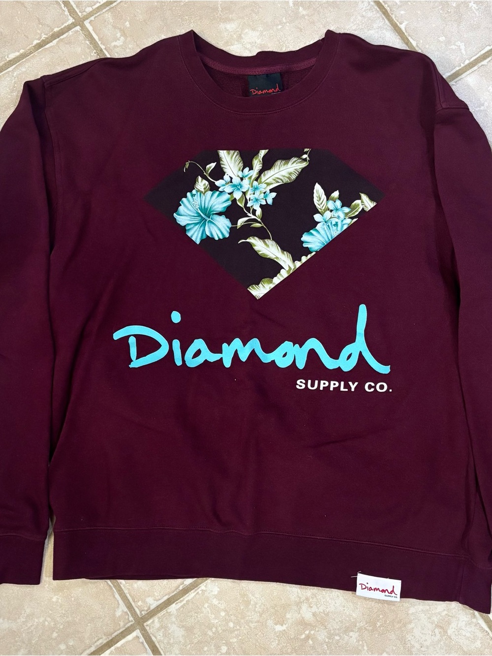 Diamond Supply Co. Maroon Crewneck with Turquoise Floral Diamond Logo